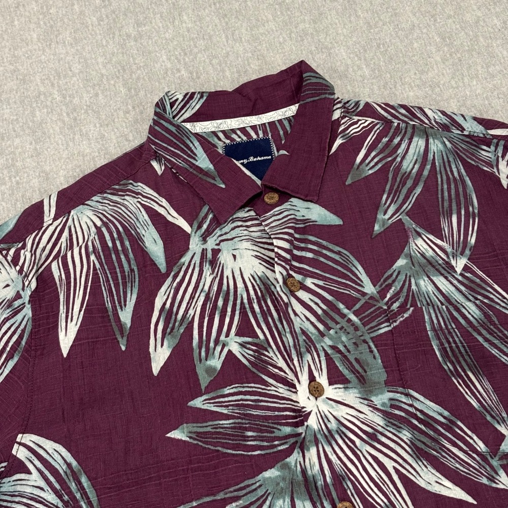 Tommy Bahama Mens XL Silk Palm Leaf Tropical Aloha Shirt Plum Purple T314482